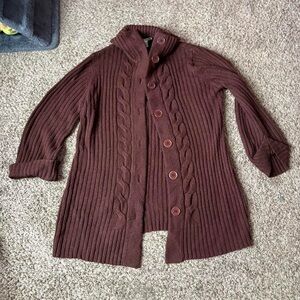 Brown Y2K long chunky cable knit sweater cardigan with buttons